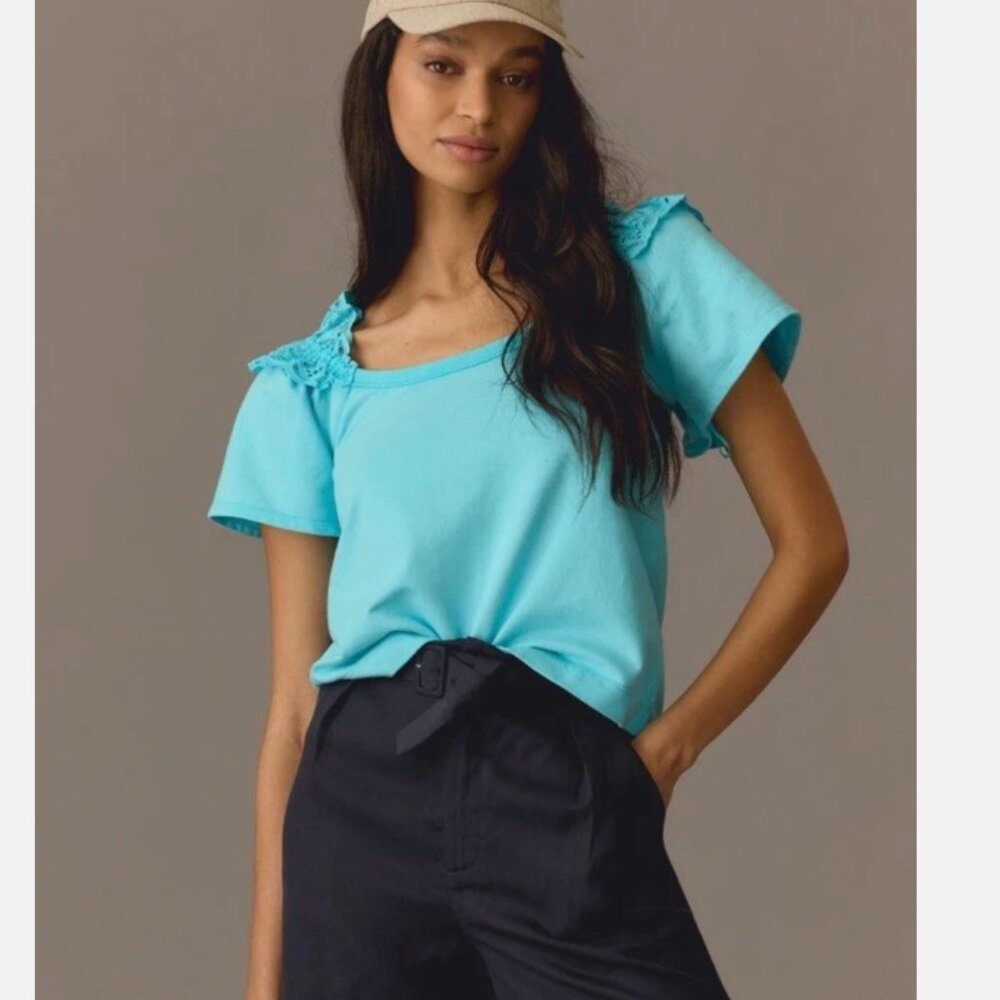 Anthropologie Pilcro Turquoise Eyelet Ruffle Blouse Top | XL | NWT